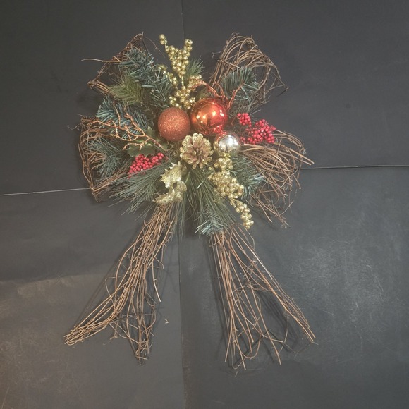 The Unbranded Brand Other - Rustic Twig Christmas Bow Ornament Holiday Decor Red‎ Glitter Orbs Pine Branches
